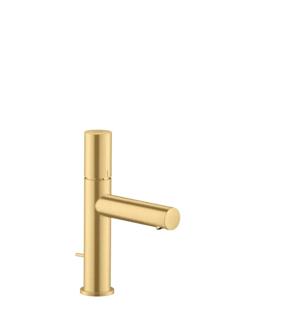 Waschtischmischer in gebürstetem Gold mit einem Hebel und Zugstangen-Ablaufgarnitur; hergestellt von AXOR. Modernes Design.